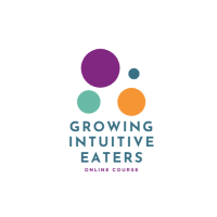 Logo image with caption stating "Growing Intuitive Eaters" (in teal) "Online Course" (in purple) with large purple cirlce, medium orange circle, light teal small circle and teal very small circle